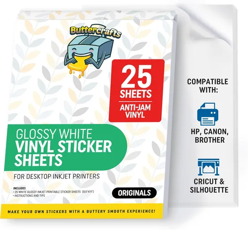 Papel adhesivo de vinilo imprimible brillante, impermeable, 25 hojas de 8.5 x 11 pulgadas, impresora de inyección de tinta (no Epson), hojas Blanco