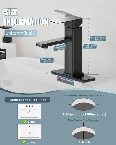 Miniatura 8 de Juego de grifos de baño con desagüe emergente, grifo moderno de lavabo de baño negro de una sola manija con placa de cubierta (1 o 3 agujeros), 1.