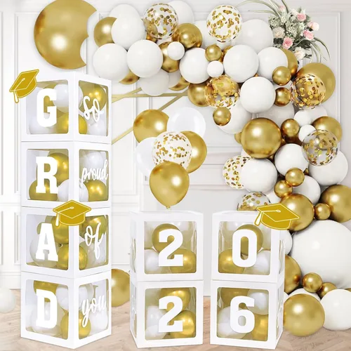 Miniatura 8 de DAZONGE Decoraciones de graduación 2026 negro y dorado – Juego de 4 cajas de graduación con 139 piezas de guirnalda de arco de globos y 4 cuerdas