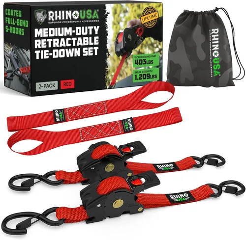 Miniatura 14 de Rhino USA Correas de trinquete retráctiles (paquete de 2) – 1 pulgada x 10 pies (1,209 libras de resistencia a la rotura) – Correas de amarre auto