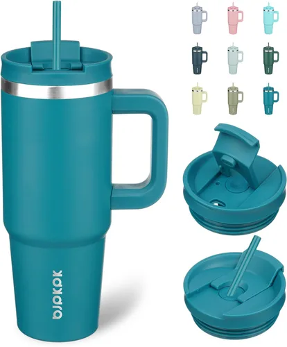 Miniatura 28 de BJPKPK - Vasos con aislamiento térmico, con asa y pajilla, vasos térmicos de acero inoxidable de 40 onzas con tapa, color rosado claro Rosa claro