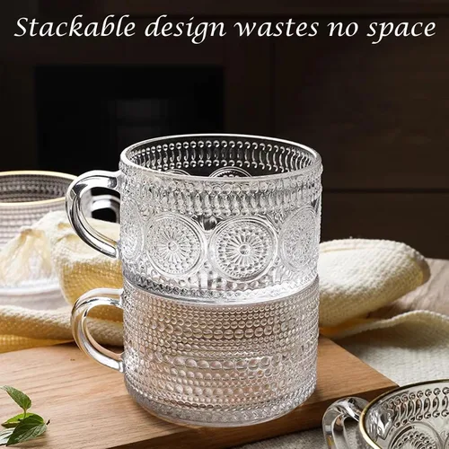 Miniatura 6 de Tazas de té de café vintage, tazas de vidrio de 14 onzas, juego de 2 vasos en relieve con asa, para capuchino, café con leche, cereales, yogur