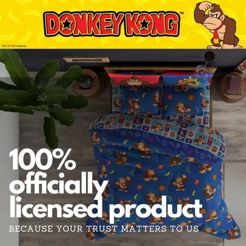 Miniatura 6 de Franco - Juego de ropa de cama coleccionable Nintendo Donkey Kong, 7 piezas, edredón reversible supersuave y juego de sábanas con funda, tamaño Rojo