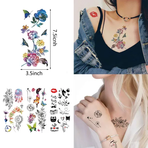 Miniatura 3 de 60 hojas impermeables de flores de mariposa tatuajes temporales para mujeres, múltiples estilos de diseño