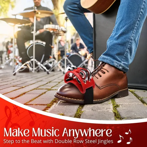 Miniatura 8 de Flexzion Pandereta de percusión de pie con jingles de acero de doble fila, tambor de instrumento musical para zapatos de fiesta, regalo, cantante
