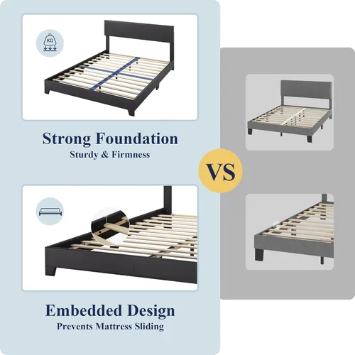 Miniatura 6 de Allewie Base de cama Queen con cabecera ajustable, plataforma de piel sintética con listones de madera, base de colchón resistente, no necesita