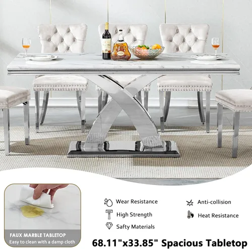 Miniatura 4 de Juego de mesa de comedor de mármol sintético blanco plateado de 68 pulgadas para 4, juego de mesa rectangular de 5 piezas con patas de acero Mesa