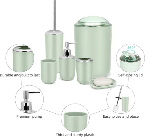 Miniatura 5 de Conjunto de Accesorios de Baño IMAVO, Juego de Baño Verde, Juego de 7 Piezas de Accesorios de Baño, Bandeja, Cepillo de Inodoro, Bote de Basura