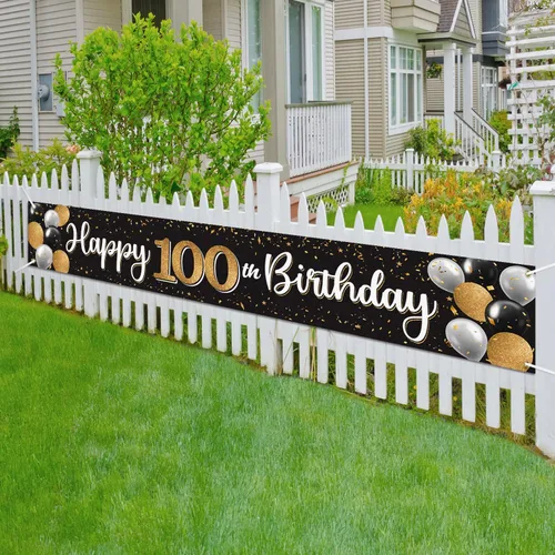 Miniatura 6 de Decoración de feliz cumpleaños número 100, globo negro y dorado número 100, cartel grande de telón de fondo de cumpleaños, decoración de fiesta