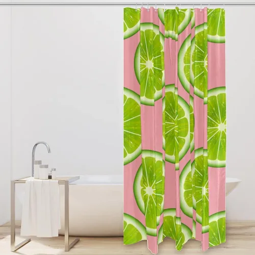 Miniatura 2 de KXO Cortina de ducha con diseño de lima fresca y verde con fondo rosa, impermeable, lavable, juego de cortinas de baño de poliéster con ganchos, 72