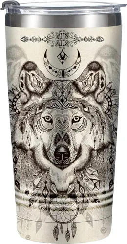 Onebttl Regalos de lobo para hombres: vaso de acero inoxidable de 20 onzas con tapa y pajita, tema de lobo vintage para cumpleaños, Navidad, Acción