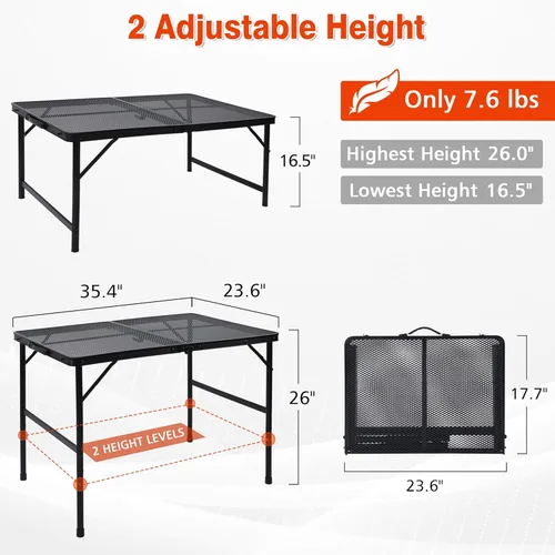 Miniatura 2 de JOUYEK Mesa plegable para parrilla, mesa de camping portátil de 3 x 2 pies, mesas de metal de altura ajustable con escritorio de malla y bolsa