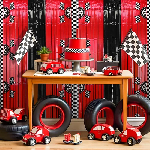 Miniatura 8 de 2 cortinas de fondo de aluminio con flecos de automóvil de carreras, decoración de fiesta de cumpleaños de coche de carreras, fondo de fotos negro