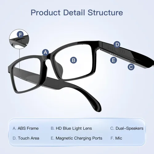 Miniatura 3 de Lentes inteligentes, gafas Bluetooth con luz azul, micrófono y altavoces integrados, música de oído abierto y llamadas manos libres, compatibilidad