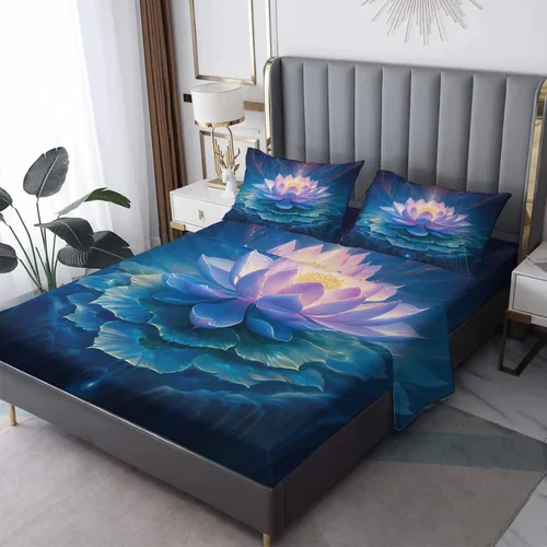 Lotus Sábanas tamaño individual – Sábanas de cama de flor de loto, microfibra suave, bolsillo profundo, sábanas y fundas de almohada sin arrugas, 3