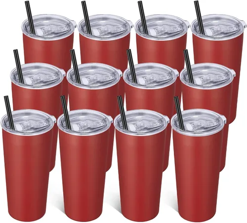 Miniatura 30 de VEGOND Vaso de 20oz a granel con tapa y pajita, vaso aislado al vacío de acero inoxidable de doble pared para café, viaje, paquete de 1 unidad, Rojo
