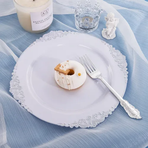 Miniatura 4 de Hioasis 100 platos de plástico blanco y plateado para fiestas, platos de postre de 7.5 pulgadas, desechables, resistentes, elegantes y elegantes