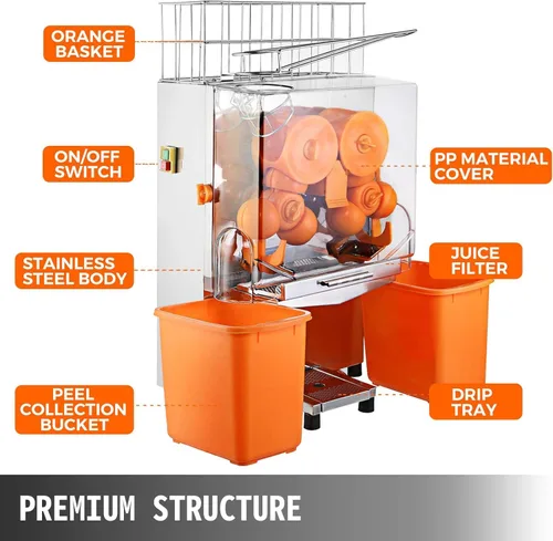 Miniatura 2 de Exprimidor comercial, máquina de jugo de naranja con caja de filtro extraíble, exprimidor de naranja comercial de 22 a 30 naranjas por minuto