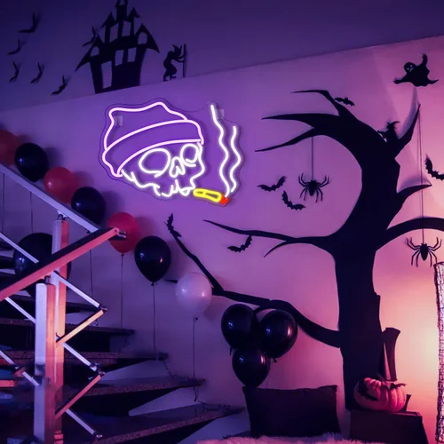 Miniatura 6 de Lucunstar Letrero de Neón de Calavera de Halloween Letrero LED de Neón de Halloween Letreros de Neón para Decoración de Pared Brillo Ajustable