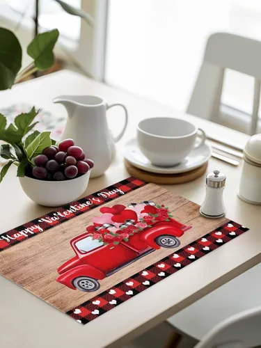 Miniatura 8 de Juego de 4 manteles individuales para el día de San Valentín para mesa de comedor, camión con globos y rosas románticos de arpillera de corazón rosa