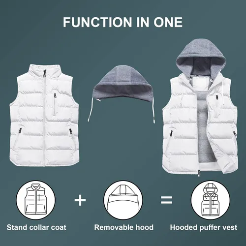 Miniatura 4 de CREATMO US Chaleco de invierno para hombre, para exteriores, con capucha, extraíble, acolchado, sin mangas, chaleco