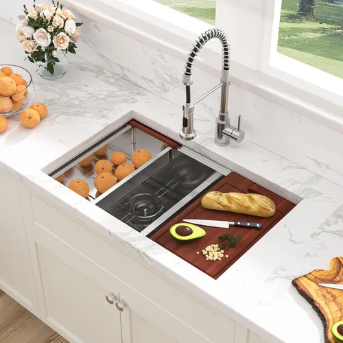 Miniatura 9 de Sarlai 28 Fregadero de cocina bajo encimera de doble tazón - Fregadero bajo encimera de acero inoxidable de 28x19 pulgadas de calibre 16, con repisa