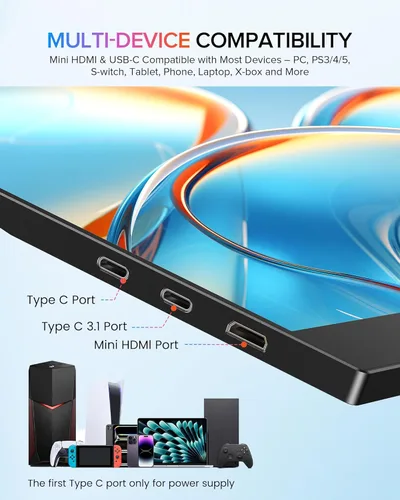 Miniatura 7 de Newsoul Monitor portátil de 15.6 pulgadas, monitor de viaje ultra delgado 108% sRGB 2000:1 contraste USB C Mini HDMI Plug & Play Monitor IPS