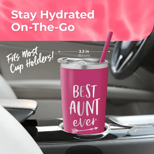 Miniatura 7 de Vaso personalizado de acero inoxidable con la frase "Best Aunt Ever", taza aislada con bonito diseño, tapa de cierre deslizante con pajilla