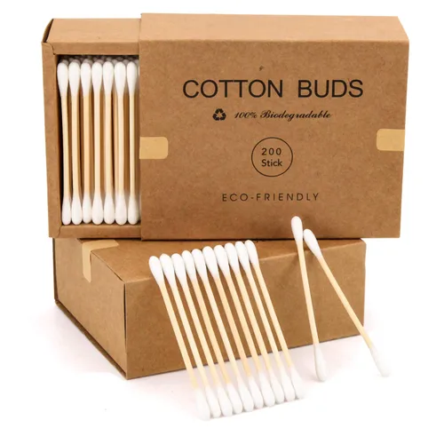 Hisopos de algodón de bambú, 400 unidades, capullos de algodón vegano, palillos de madera natural con doble punta, hisopos de algodón orgánico para