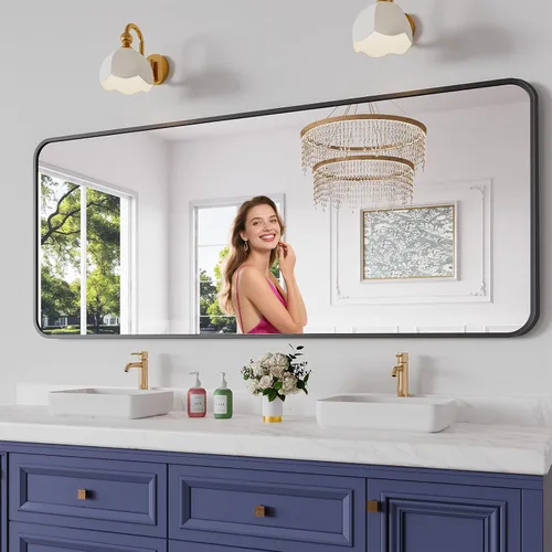 Miniatura 20 de Koonmi Espejo de baño, 30 x 30 pulgadas, espejo con marco de metal negro para baño, vidrio templado, antioxidante, espejo rectangular redondeado
