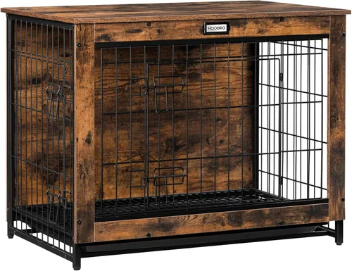 HOOBRO Mueble de jaula para perros, perrera mediana de 32.5 pulgadas para interiores, jaula de madera con bandeja extraíble, mesa auxiliar lateral