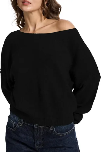 Miniatura 6 de FAlABLE - Suéter para mujer con hombros descubiertos y cuello barco, pullover holgado de manga larga, acogedor de punto, para otoño e invierno, tops