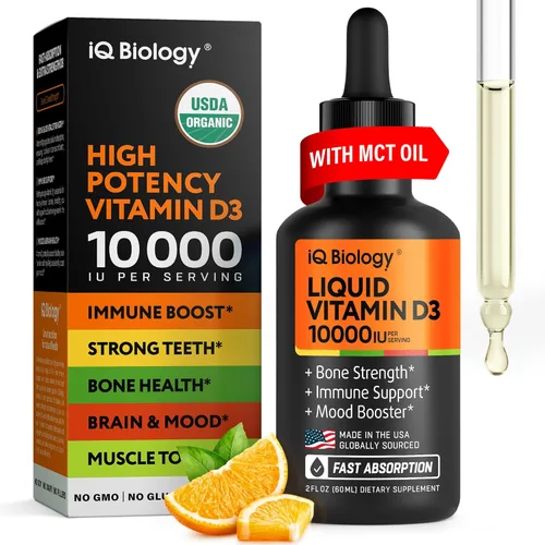 Vitamina líquida D3 10000 UI (250 mcg) – Gotas de vitamina D orgánica USDA para adultos y niños – Suministro para 100 días – Vit D3 con aceite MCT