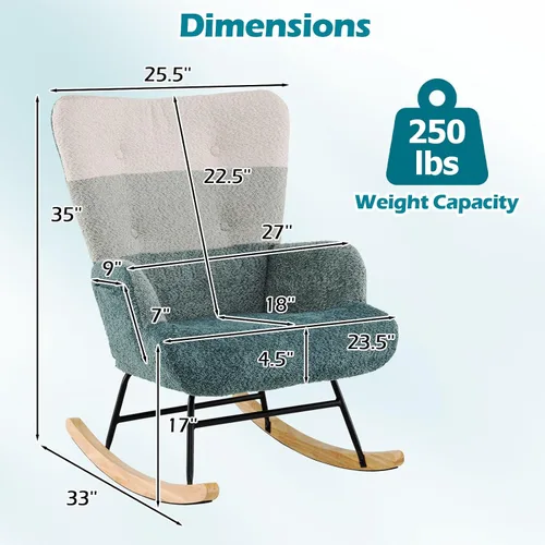 Miniatura 2 de Giantex Mecedora para guardería, mecedora tapizada Boucle con respaldo alto ergonómico, patas de madera de goma y bolsillo lateral, silla moderna a