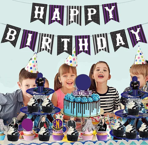 Miniatura 4 de Decoraciones de cumpleaños de miércoles con remolinos colgantes negro y morado, decoración de fiesta, pancarta gótica de tela de araña morada