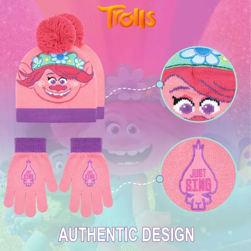 Miniatura 4 de Trolls - Juego de sombrero y guantes para niñas, 2 piezas, sombrero de invierno con guantes de Trolls Poppy para niñas, juego de sombrero y guantes