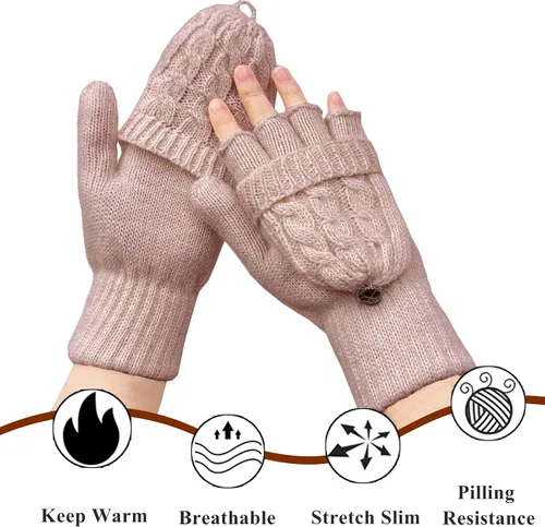 Miniatura 124 de Beurlike Guantes de invierno para mujer, de lana cálida, a prueba de viento, convertibles, sin dedos