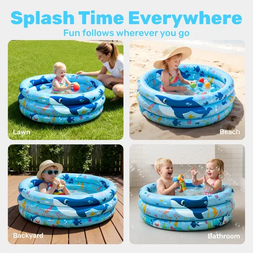 Miniatura 6 de Sloosh Piscina inflable para niños, 34 x 10 pulgadas, piscina inflable para niños, 3 anillos, piscina azul para bebés para niños, hoyo de juego
