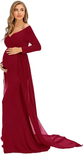 Miniatura 3 de ZIUMUDY Vestido de maternidad de manga larga con hombros descubiertos, vestido de gasa para sesión de fotos, baby shower