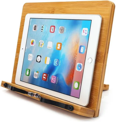 Miniatura 2 de wishacc Soporte de libros de bambú, bandeja ajustable para libros y clips de papel para páginas - Escritorio de lectura para libros de cocina