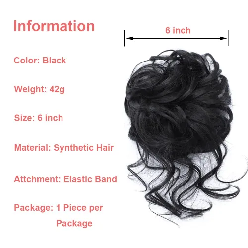 Miniatura 3 de KETHBE Moño desordenado, extensión de moños de pelo despeinado, banda elástica para el cabello, moño rizado para mujeres (negro)
