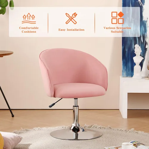 Miniatura 4 de Furnimart Silla de Tocador de Terciopelo con Marco de Cromo, Altura Ajustable y Giratoria, Rosa - Sala de Estar, Dormitorio, Oficina Terciopelo