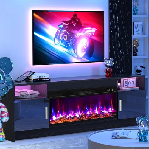 Miniatura 6 de Kucreiheat Soporte de TV negro con chimenea, luces LED, centro de entretenimiento para TV de hasta 80 pulgadas, consola de TV moderna para sala
