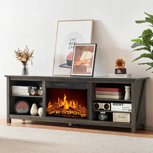 Miniatura 10 de AMERLIFE Soporte de TV con chimenea, centro de entretenimiento con textura de madera con chimenea eléctrica de 23 pulgadas, soporte