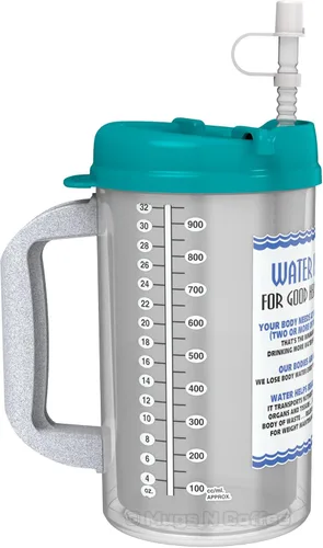 Mugs N Coffee Taza de viaje de 32 onzas – Teal Water is Essential - Taza de hospital con aislamiento de doble pared, mango grande, sin BPA,