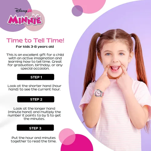 Miniatura 11 de Disney Minnie Mouse Watch for Girls – Cute Minnie Watch for Kids 3-5 with Stainless Steel Bezel & Pink Leather Strap – Adorable Mouse Watches