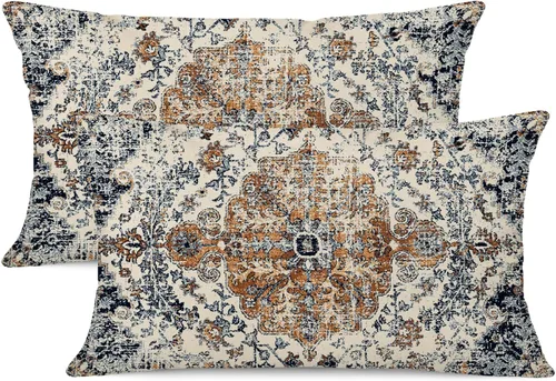 Miniatura 18 de Juego de 2 fundas de almohada impermeables para exteriores de 16 x 16 pulgadas, patrón de alfombra bohemio vintage, diseño étnico negro y gris
