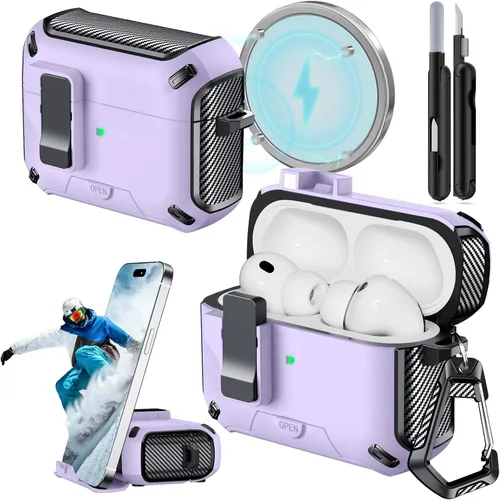 Miniatura 21 de Funda para AirPods Pro 2 (2023/2022/2019) con soporte para teléfono, (con interruptor a presión automático), diseño de fibra de carbono, cubierta