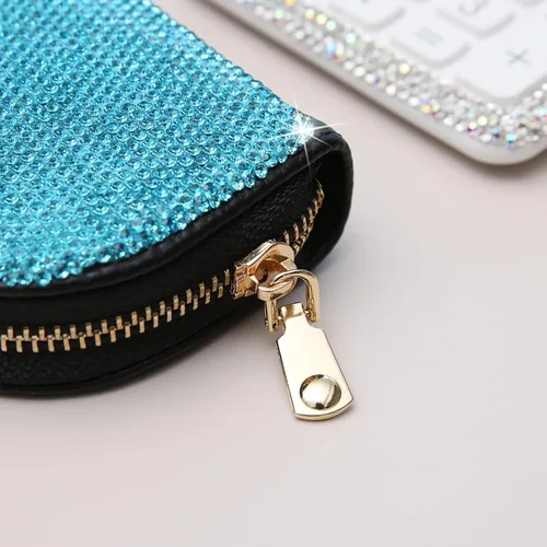 Miniatura 18 de AsAlways RFID Rhinestone titular de la tarjeta de crédito semicírculo multicapa cremallera caso Bling Crystal Slim pequeña cartera para mujeres