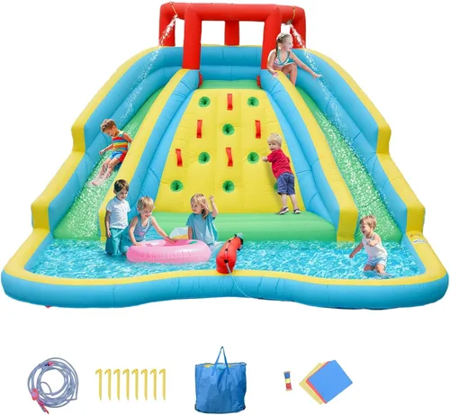 OLAKIDS Tobogán acuático inflable, parque acuático 5 en 1 con 2 toboganes, pared de escalada, pistola de agua grande para piscina, castillo de salto